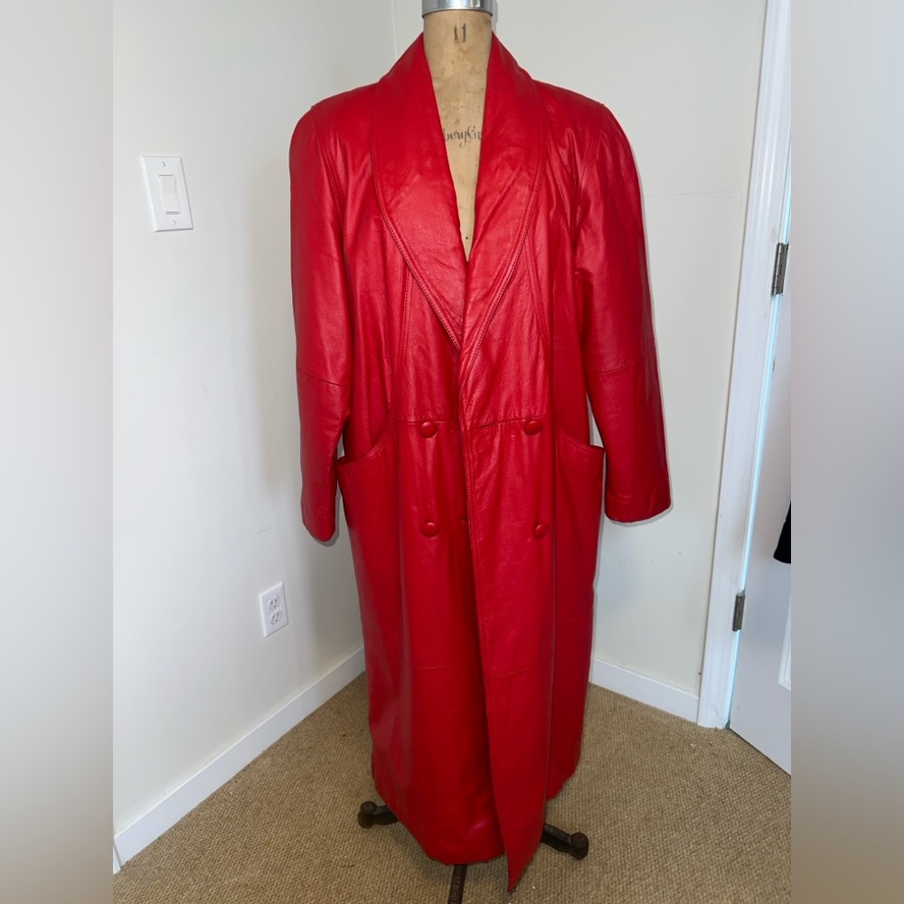 Jacqueline Ferrar Bold Red Long Leather Trench Coat